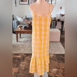 Yellow Gingham Midi Dress 97% Cotton Ruffle Hem Spaghetti Strap Summer Dress